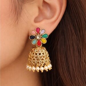 Gold Tone Navratna Jhumka Earrings | Multicolor Enamel Floral  Indian Jewelry